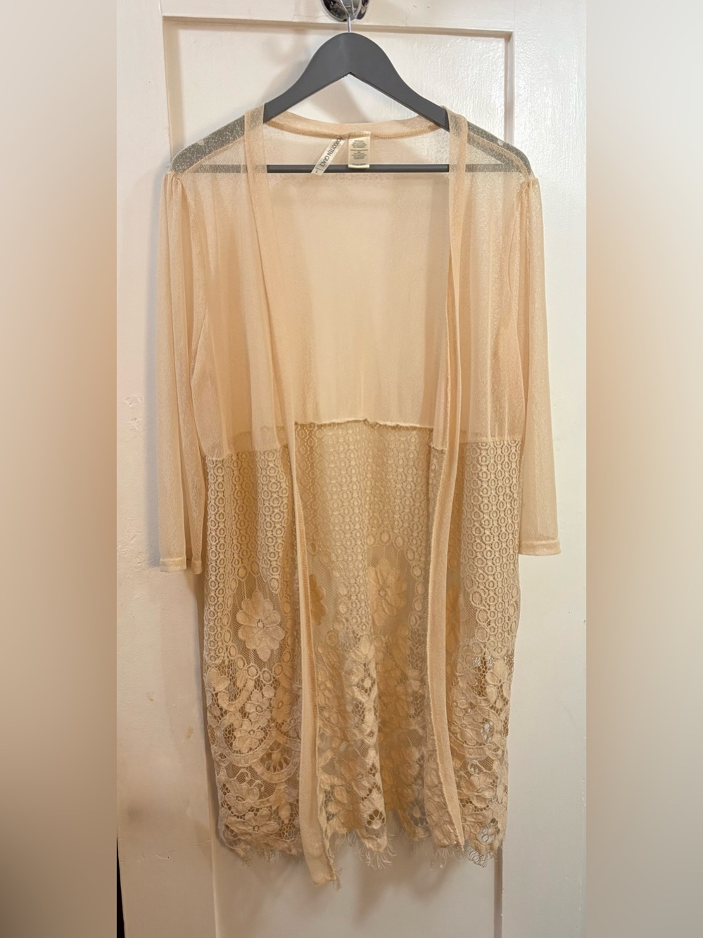 Forgotten Grace Lace Mesh Open Front Cardigan Duster Cream Beige Size Large